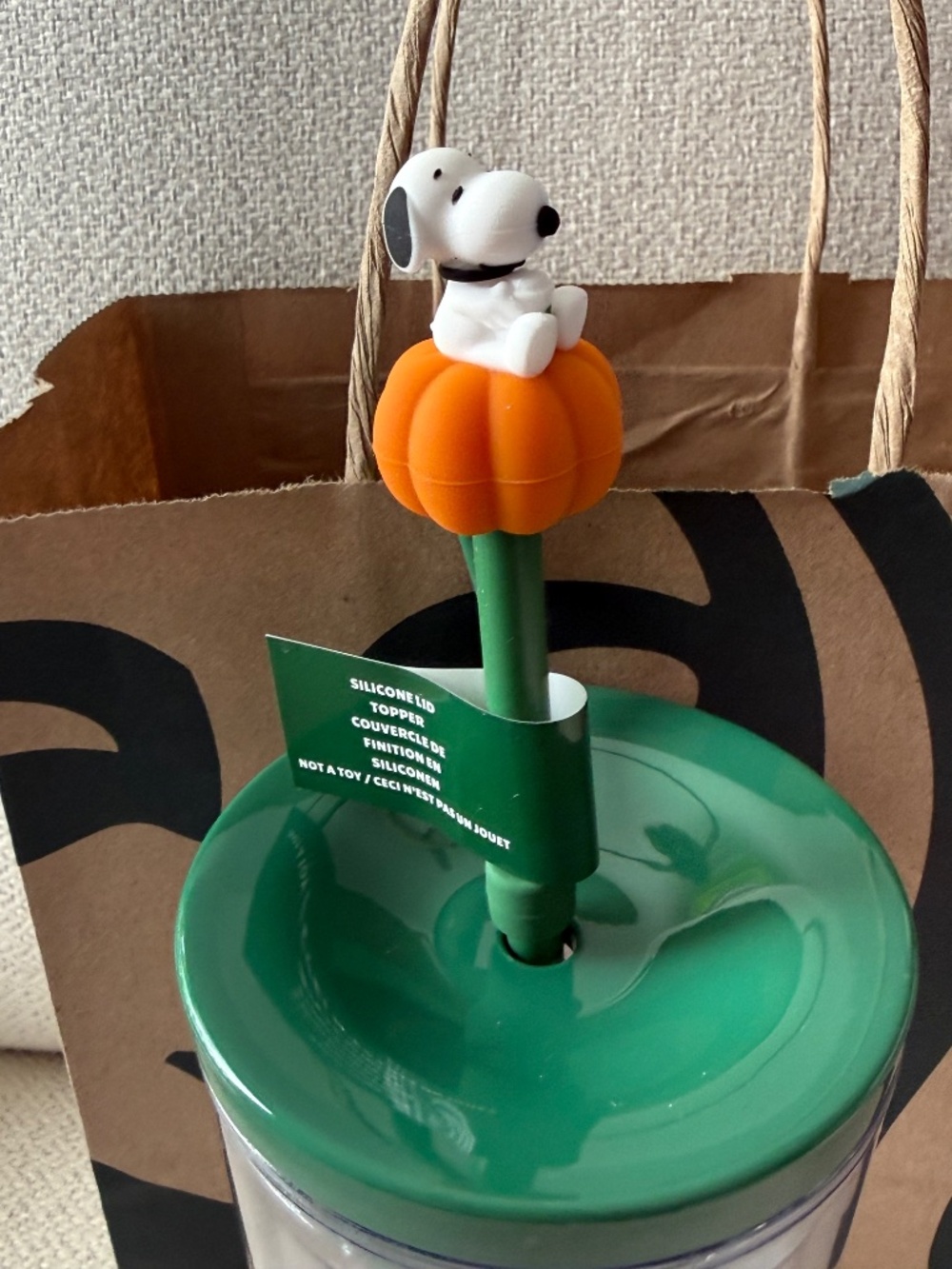Starbucks Peanuts Snoopy Clear Tumbler Cup Green Lid & Straw Pumpkin Topper - Picture 3 of 5